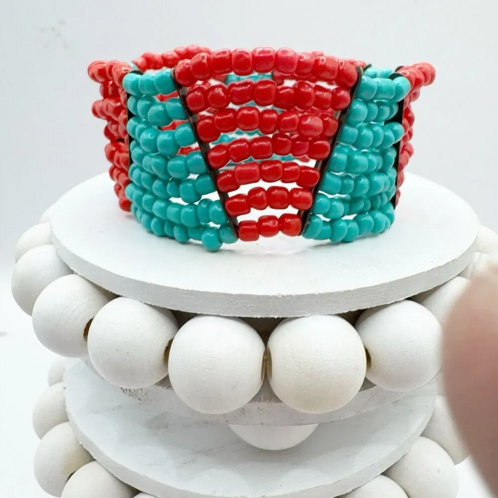 Coral Turquoise Glass Seed Bead Color Block Stretch Bracelet Boho Southwest